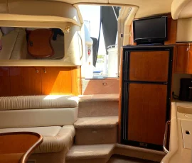 Luxury yacht interior with comfortable seating and table